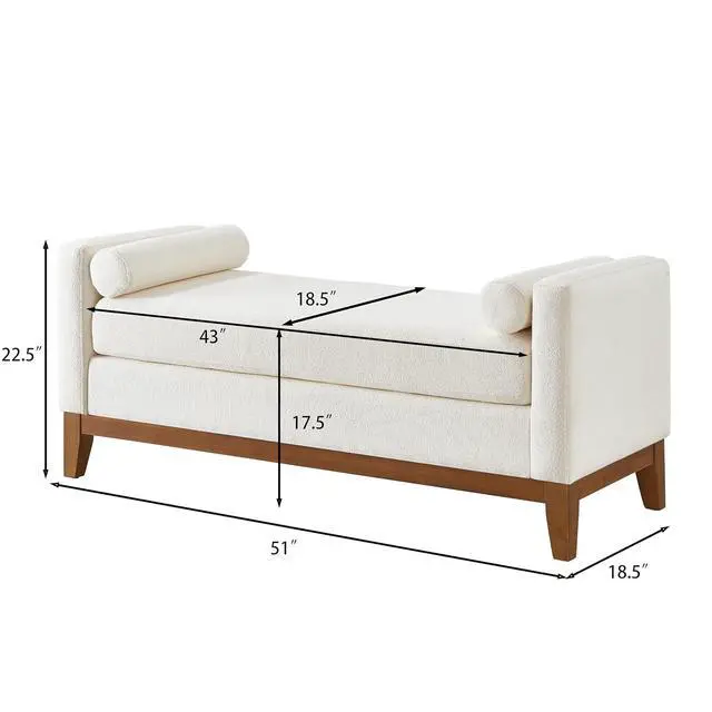 Alt view image 2 of 7 - 51" Bedroom Ottoman Bench with Rolled Pillows, Boucle Upholstered End of Bed Bench with Arms and Solid Wooden Foot, Comfort Padded Window Stool Entryway Footrest for Living Room, Apartment, Ivory