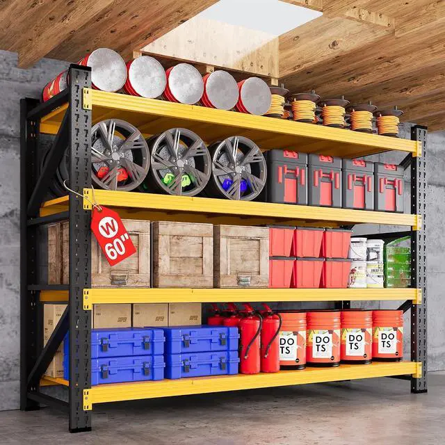 Main image of 60" Wide Garage Shelving Heavy Duty, 24" Deep Large Metal Storage Shelves, 4 Tier Tall Steel Industrial Shelving, 5000 LBS Adjustable Standing Shelf for Warehouse/Shop 60" W x 24" D x 70" H