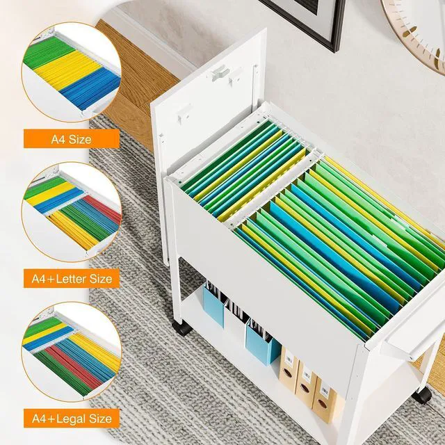 Alt view image 5 of 7 - Mobile File Cart, 2-Tier Rolling File Cart with Wheels Hanging Files, Metal File Cabinet with Lock and Sliding Covers for A4/Letter/Legal Size, White