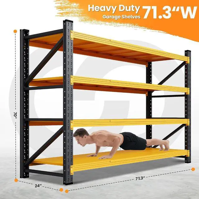 Alt view image 2 of 7 - 71W Garage Shelving Units, 24" Deep Storage Shelves Heavy Duty, 5000LBS Metal Shelving Rack, 4 Tier Large Tall Industrial Shelving , Adjustable Standing Shelf for Warehouse / Shop 71"W x 24"D x 70"H