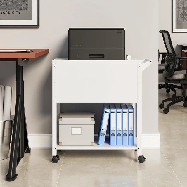 Alt view image 7 of 7 - Mobile File Cart, 2-Tier Rolling File Cart with Wheels Hanging Files, Metal File Cabinet with Lock and Sliding Covers for A4/Letter/Legal Size, White