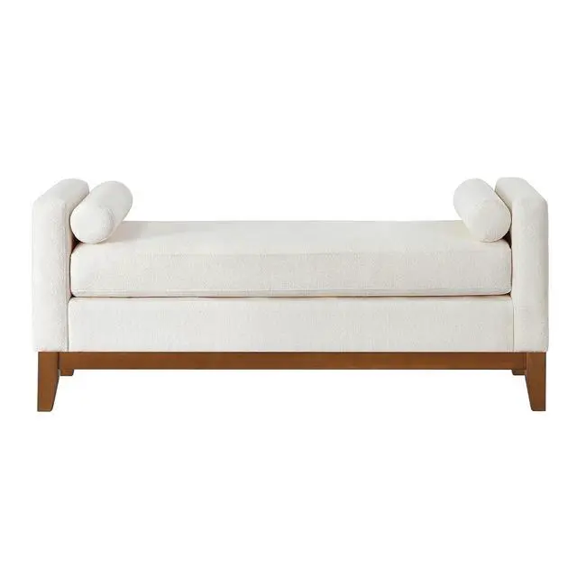 Alt view image 7 of 7 - 51" Bedroom Ottoman Bench with Rolled Pillows, Boucle Upholstered End of Bed Bench with Arms and Solid Wooden Foot, Comfort Padded Window Stool Entryway Footrest for Living Room, Apartment, Ivory