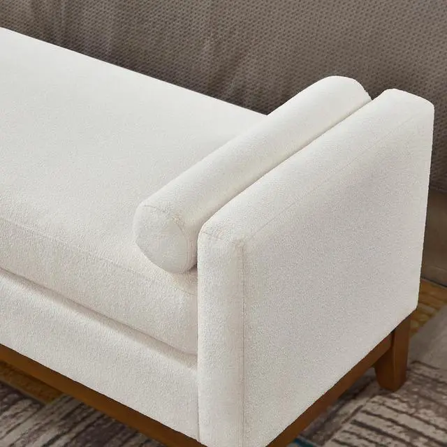 Alt view image 5 of 7 - 51" Bedroom Ottoman Bench with Rolled Pillows, Boucle Upholstered End of Bed Bench with Arms and Solid Wooden Foot, Comfort Padded Window Stool Entryway Footrest for Living Room, Apartment, Ivory