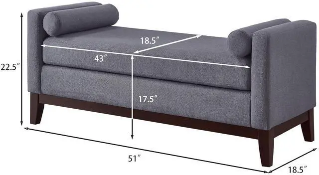 Alt view image 2 of 7 - 51" Bedroom Ottoman Bench with Rolled Pillows, Boucle Upholstered End of Bed Bench with Arms and Solid Wooden Foot, Comfort Padded Window Stool Entryway Footrest for Living Room, Apartment, Dark Gray