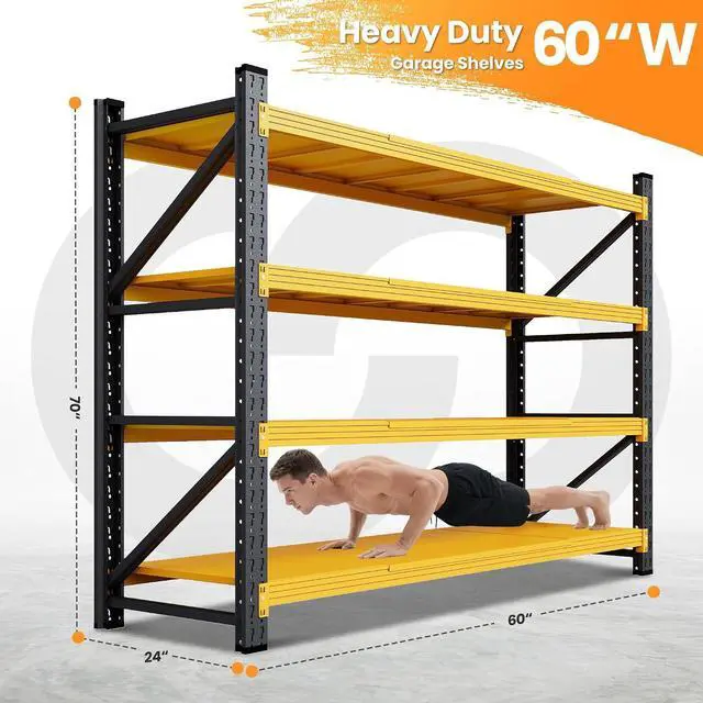 Alt view image 2 of 7 - 60" Wide Garage Shelving Heavy Duty, 24" Deep Large Metal Storage Shelves, 4 Tier Tall Steel Industrial Shelving, 5000 LBS Adjustable Standing Shelf for Warehouse/Shop 60" W x 24" D x 70" H