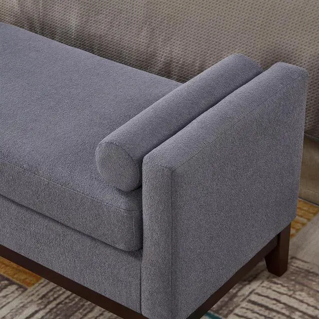 Alt view image 5 of 7 - 51" Bedroom Ottoman Bench with Rolled Pillows, Boucle Upholstered End of Bed Bench with Arms and Solid Wooden Foot, Comfort Padded Window Stool Entryway Footrest for Living Room, Apartment, Dark Gray
