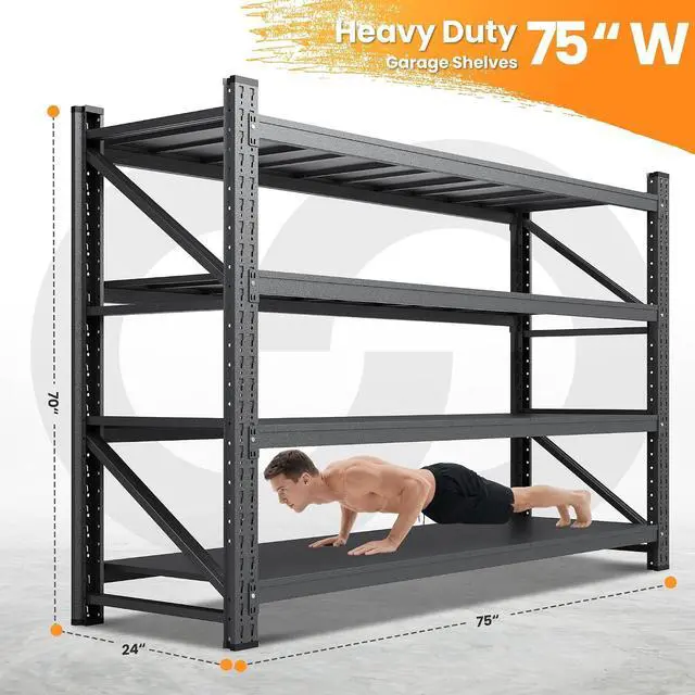 Alt view image 2 of 7 - 75W Heavy Duty Metal Storage Shelves, 9000LBS Metal Garage Shelving Units, 24Deep Rack Shelf, 4 Tier Steel Industrial Shelving , Adjustable Standing Shelf for Warehouse/Basement 75"W x 24"D x 70"H