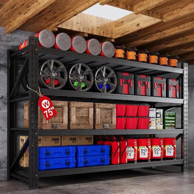 Main image of 75W Heavy Duty Metal Storage Shelves, 9000LBS Metal Garage Shelving Units, 24Deep Rack Shelf, 4 Tier Steel Industrial Shelving , Adjustable Standing Shelf for Warehouse/Basement 75"W x 24"D x 70"H