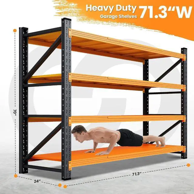 Alt view image 2 of 7 - 71W Garage Shelving Units, 5000LBS Storage Shelves Heavy Duty, 24" Deep Metal Shelving Rack, 4 Tier Large Tall Industrial Shelving , Adjustable Standing Shelf for Warehouse / Shop 71"W x 24"D x 70"H