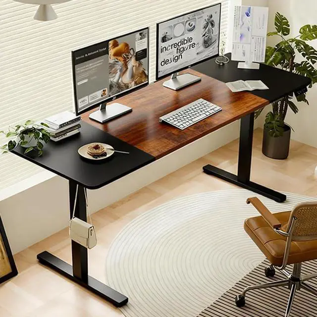Main image of 55 Inch Electric Standing Computer Desk, Height Adjustable Gaming Desk for Home and Office Study, Walking Pad, Writing, Modern Wooden Desktop Uplift Table, Memory Height, Holds 176 lbsBlack+Brown