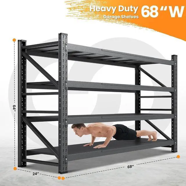 Alt view image 2 of 7 - 68W Garage Shelving Units, 8000LBS Storage Shelves Heavy Duty, 24" Deep Metal Shelving Rack, 4 Tier Tall Steel Industrial Shelving , Adjustable Standing Shelf for Warehouse / Shop 68"W x 24"D x 64"H