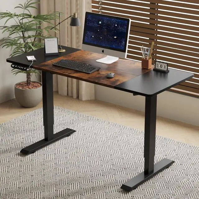 Alt view image 3 of 7 - 55 Inch Electric Standing Computer Desk, Height Adjustable Gaming Desk for Home and Office Study, Walking Pad, Writing, Modern Wooden Desktop Uplift Table, Memory Height, Holds 176 lbsBlack+Brown