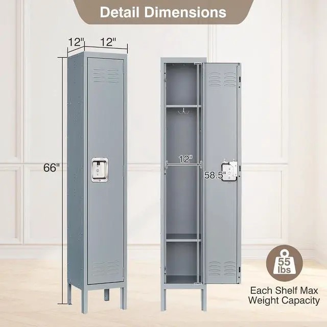 Alt view image 3 of 7 - Metal Storage Locker, Metal Locker with 1 Doors, 66" Tall Steel Storage Lockers for Employees, Locker Storage Cabinets Organizer for School, Gym, Home Office, Staff