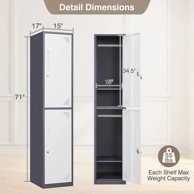 Alt view image 3 of 7 - Metal Storage Locker, Metal Locker with 2 Doors, 71"" Tall Steel Storage Lockers for Employees, Locker Storage Cabinets Organizer for School, Gym, Home Office, Staff, White & Grey