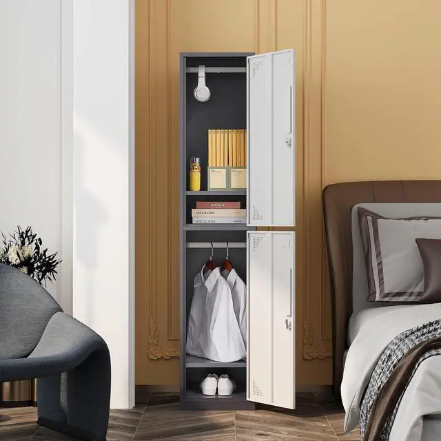 Alt view image 2 of 7 - Metal Storage Locker, Metal Locker with 2 Doors, 71"" Tall Steel Storage Lockers for Employees, Locker Storage Cabinets Organizer for School, Gym, Home Office, Staff, White & Grey