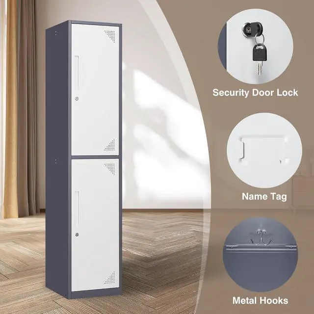 Alt view image 5 of 7 - Metal Storage Locker, Metal Locker with 2 Doors, 71"" Tall Steel Storage Lockers for Employees, Locker Storage Cabinets Organizer for School, Gym, Home Office, Staff, White & Grey