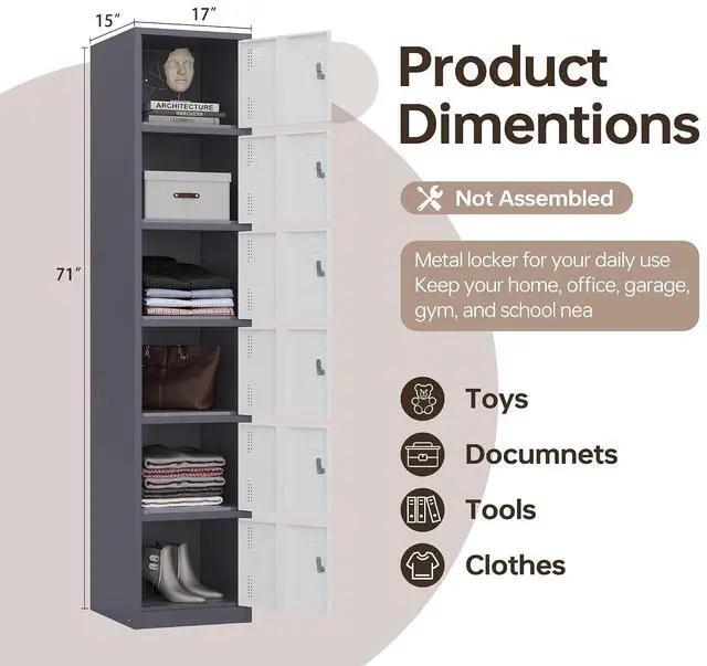 Alt view image 3 of 6 - Metal Storage Locker, Metal Lockers with 6 Doors, 71" Tall Steel Storage Cabinet Organizer for Employees, School, Gym, Home Office, Staff