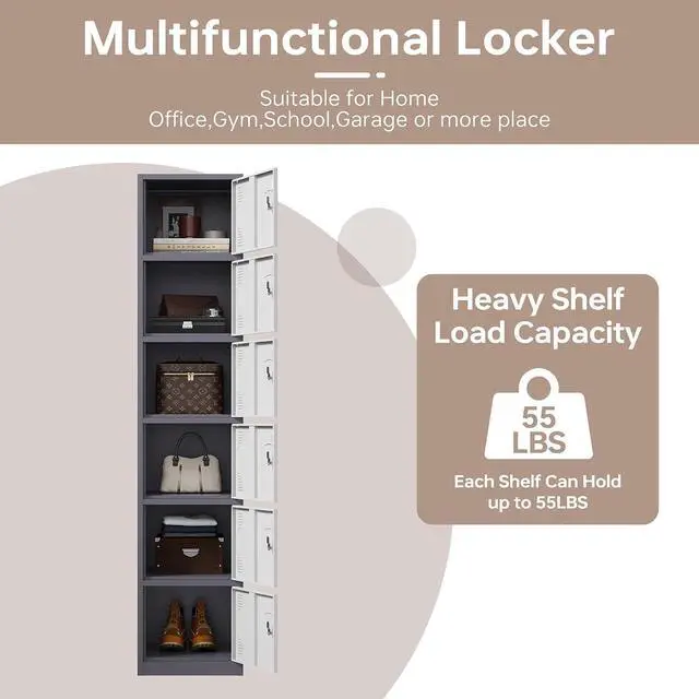 Alt view image 4 of 6 - Metal Storage Locker, Metal Lockers with 6 Doors, 71" Tall Steel Storage Cabinet Organizer for Employees, School, Gym, Home Office, Staff