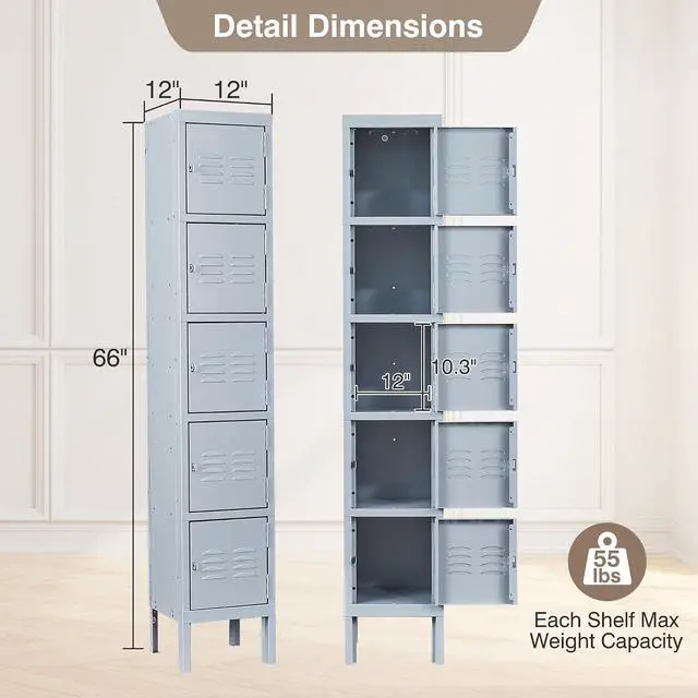 Alt view image 3 of 7 - Metal Storage Locker, Metal Lockers with 5 Doors, 66" Tall Steel Storage Cabinet for Employees, Locking Cabinets Organizer for School, Gym, Home Office, Staff