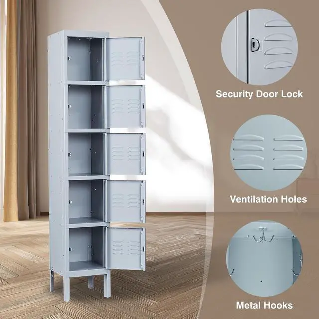 Alt view image 4 of 7 - Metal Storage Locker, Metal Lockers with 5 Doors, 66" Tall Steel Storage Cabinet for Employees, Locking Cabinets Organizer for School, Gym, Home Office, Staff