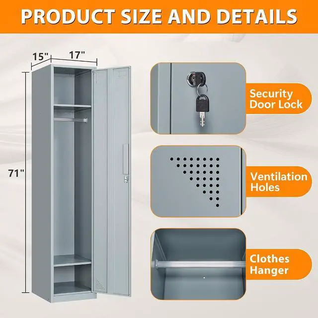 Alt view image 3 of 7 - Metal Storage Locker, Metal Locker with 1 Doors, 71" Tall Steel Storage Lockers for Employees, Locker Storage Cabinets Organizer for School, Gym, Home Office, Staff