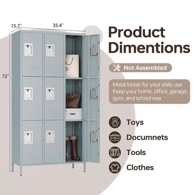 Alt view image 3 of 6 - Metal Storage Locker, Metal Locker with 9 Doors, 71" Tall Steel Storage Lockers for Employees, Large Locker Storage Cabinets Organizer for School, Gym, Home Office, Staff