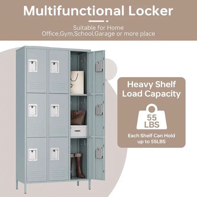Alt view image 4 of 6 - Metal Storage Locker, Metal Locker with 9 Doors, 71" Tall Steel Storage Lockers for Employees, Large Locker Storage Cabinets Organizer for School, Gym, Home Office, Staff