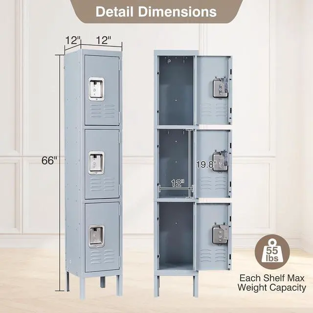 Alt view image 3 of 7 - Metal Storage Locker, Metal Locker with 3 Doors, 66" Tall Steel Storage Lockers for Employees, Locker Storage Cabinets Organizer for School, Gym, Home Office, Staff