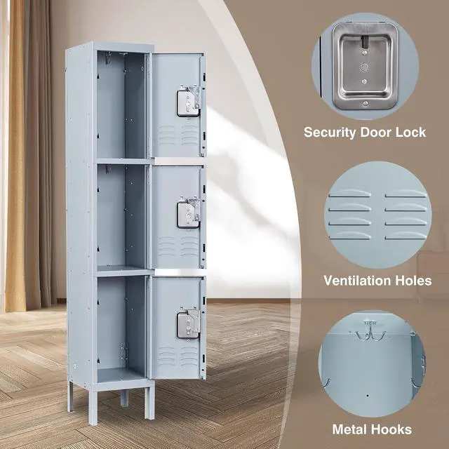 Alt view image 4 of 7 - Metal Storage Locker, Metal Locker with 3 Doors, 66" Tall Steel Storage Lockers for Employees, Locker Storage Cabinets Organizer for School, Gym, Home Office, Staff