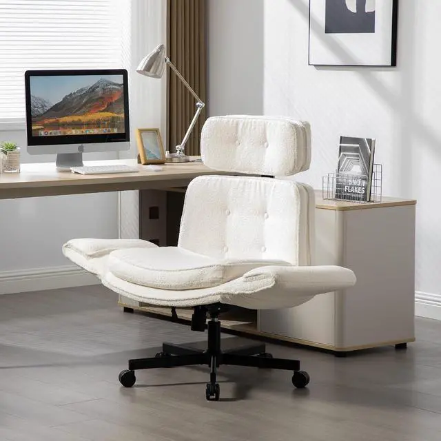 Alt view image 5 of 7 - Criss Cross Legged Office Chair with Adjustable Armrests, Sherpa Upholstered Vanity Chair with Wheels & Headrest, Swivel Desk Armchair Rolling Stool with Wide Seat for Home, Makeup, Gaming, Ivory