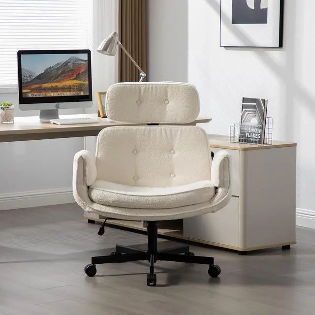 Alt view image 7 of 7 - Criss Cross Legged Office Chair with Adjustable Armrests, Sherpa Upholstered Vanity Chair with Wheels & Headrest, Swivel Desk Armchair Rolling Stool with Wide Seat for Home, Makeup, Gaming, Ivory
