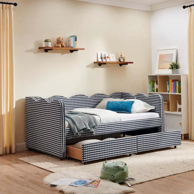 Alt view image 3 of 7 - Twin Size Daybed Frame with 2 Storage Drawers, Linen Upholstered Bed with USB Charing Port, Cozy Wave Shaped Design Backrest, Corner Teens Bed for Boys, Girls and Adults, Navy