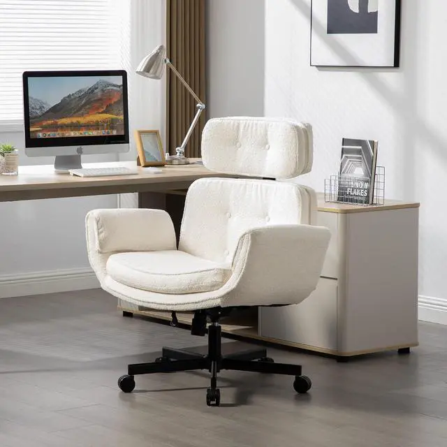 Alt view image 6 of 7 - Criss Cross Legged Office Chair with Adjustable Armrests, Sherpa Upholstered Vanity Chair with Wheels & Headrest, Swivel Desk Armchair Rolling Stool with Wide Seat for Home, Makeup, Gaming, Ivory