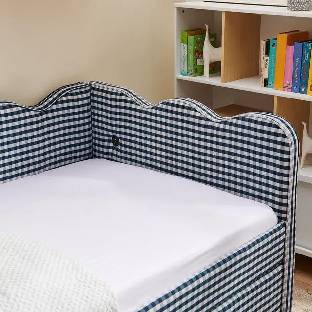 Alt view image 5 of 7 - Twin Size Daybed Frame with 2 Storage Drawers, Linen Upholstered Bed with USB Charing Port, Cozy Wave Shaped Design Backrest, Corner Teens Bed for Boys, Girls and Adults, Navy