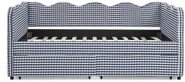 Alt view image 7 of 7 - Twin Size Daybed Frame with 2 Storage Drawers, Linen Upholstered Bed with USB Charing Port, Cozy Wave Shaped Design Backrest, Corner Teens Bed for Boys, Girls and Adults, Navy