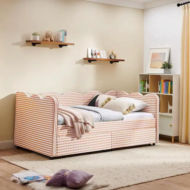 Alt view image 4 of 7 - Twin Size Daybed Frame with 2 Storage Drawers, Linen Upholstered Bed with USB Charing Port, Cozy Wave Shaped Design Backrest, Corner Teens Bed for Boys, Girls and Adults, Pink