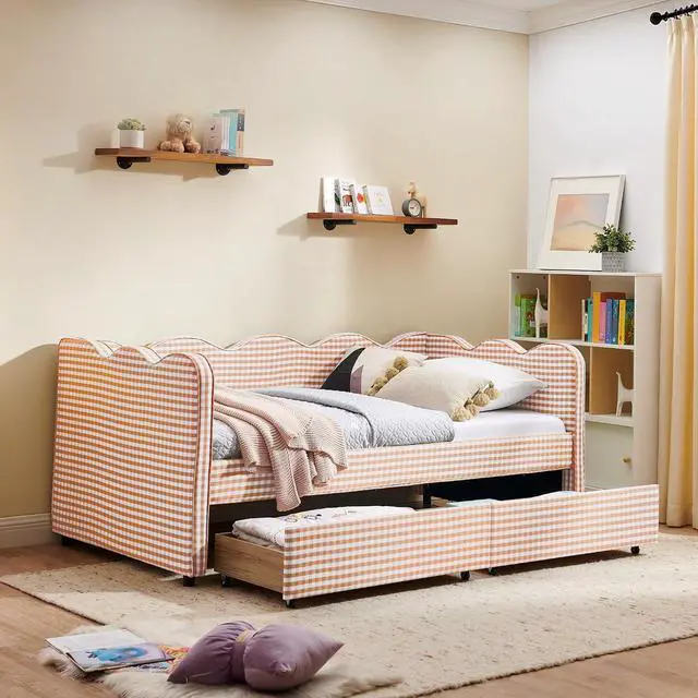 Alt view image 3 of 7 - Twin Size Daybed Frame with 2 Storage Drawers, Linen Upholstered Bed with USB Charing Port, Cozy Wave Shaped Design Backrest, Corner Teens Bed for Boys, Girls and Adults, Pink