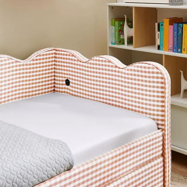 Alt view image 6 of 7 - Twin Size Daybed Frame with 2 Storage Drawers, Linen Upholstered Bed with USB Charing Port, Cozy Wave Shaped Design Backrest, Corner Teens Bed for Boys, Girls and Adults, Pink