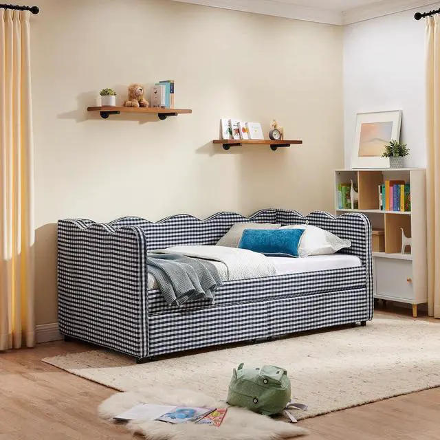 Alt view image 4 of 7 - Twin Size Daybed Frame with 2 Storage Drawers, Linen Upholstered Bed with USB Charing Port, Cozy Wave Shaped Design Backrest, Corner Teens Bed for Boys, Girls and Adults, Navy