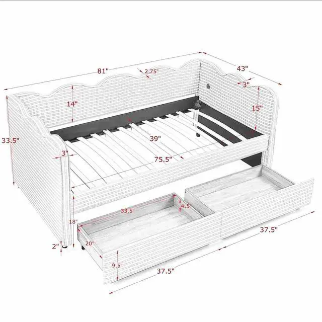 Alt view image 2 of 7 - Twin Size Daybed Frame with 2 Storage Drawers, Linen Upholstered Bed with USB Charing Port, Cozy Wave Shaped Design Backrest, Corner Teens Bed for Boys, Girls and Adults, Green