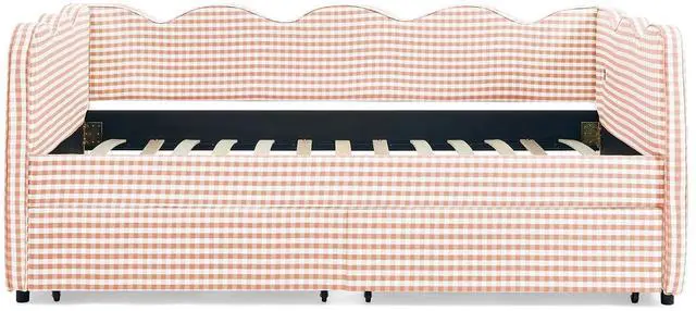 Alt view image 7 of 7 - Twin Size Daybed Frame with 2 Storage Drawers, Linen Upholstered Bed with USB Charing Port, Cozy Wave Shaped Design Backrest, Corner Teens Bed for Boys, Girls and Adults, Pink