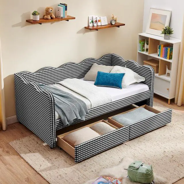 Main image of Twin Size Daybed Frame with 2 Storage Drawers, Linen Upholstered Bed with USB Charing Port, Cozy Wave Shaped Design Backrest, Corner Teens Bed for Boys, Girls and Adults, Black
