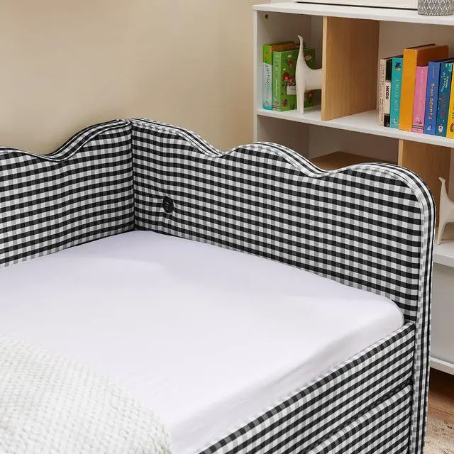 Alt view image 5 of 7 - Twin Size Daybed Frame with 2 Storage Drawers, Linen Upholstered Bed with USB Charing Port, Cozy Wave Shaped Design Backrest, Corner Teens Bed for Boys, Girls and Adults, Black