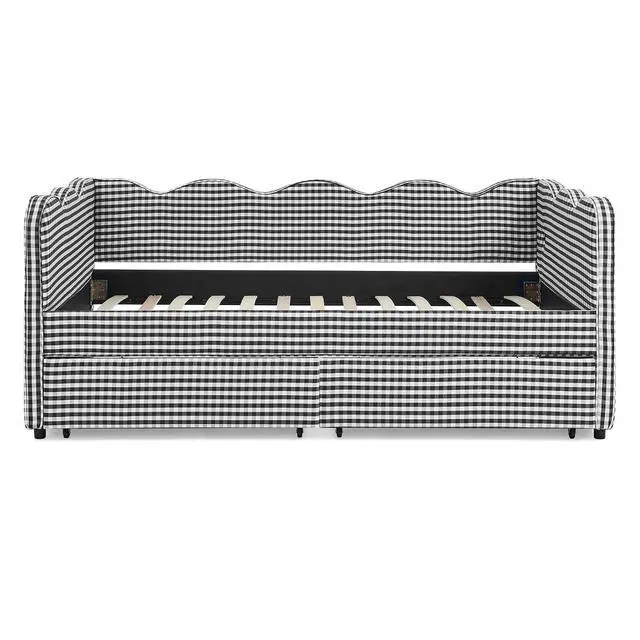 Alt view image 7 of 7 - Twin Size Daybed Frame with 2 Storage Drawers, Linen Upholstered Bed with USB Charing Port, Cozy Wave Shaped Design Backrest, Corner Teens Bed for Boys, Girls and Adults, Black