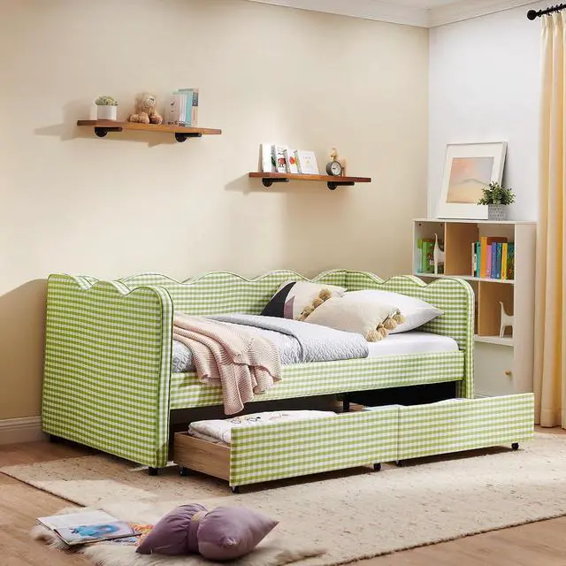 Alt view image 3 of 7 - Twin Size Daybed Frame with 2 Storage Drawers, Linen Upholstered Bed with USB Charing Port, Cozy Wave Shaped Design Backrest, Corner Teens Bed for Boys, Girls and Adults, Green