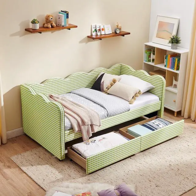 Main image of Twin Size Daybed Frame with 2 Storage Drawers, Linen Upholstered Bed with USB Charing Port, Cozy Wave Shaped Design Backrest, Corner Teens Bed for Boys, Girls and Adults, Green