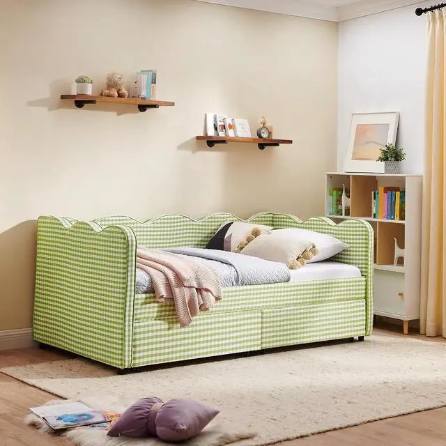 Alt view image 4 of 7 - Twin Size Daybed Frame with 2 Storage Drawers, Linen Upholstered Bed with USB Charing Port, Cozy Wave Shaped Design Backrest, Corner Teens Bed for Boys, Girls and Adults, Green