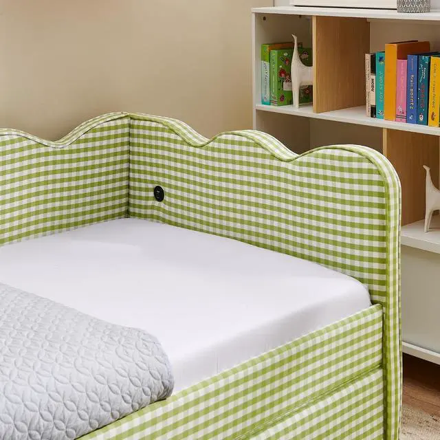 Alt view image 6 of 7 - Twin Size Daybed Frame with 2 Storage Drawers, Linen Upholstered Bed with USB Charing Port, Cozy Wave Shaped Design Backrest, Corner Teens Bed for Boys, Girls and Adults, Green