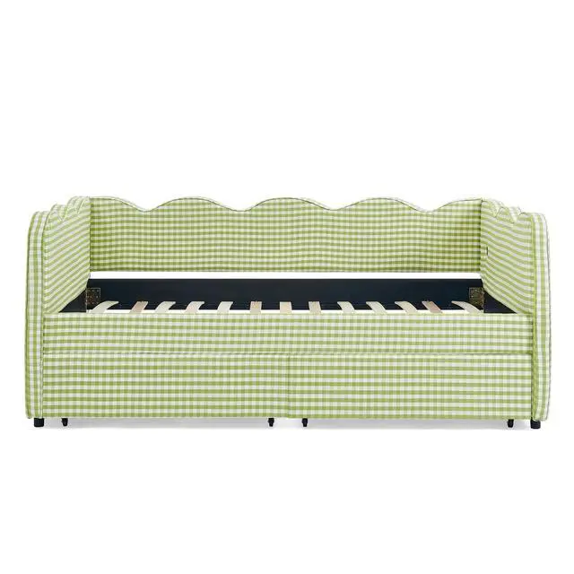 Alt view image 7 of 7 - Twin Size Daybed Frame with 2 Storage Drawers, Linen Upholstered Bed with USB Charing Port, Cozy Wave Shaped Design Backrest, Corner Teens Bed for Boys, Girls and Adults, Green