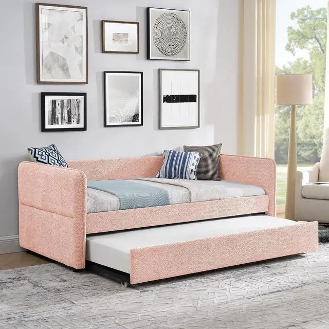Alt view image 3 of 7 - Boucle Upholstered Twin Daybed with Extendable Trundle Bed, Twin to King Daybed with Backrest and Armrest, Roll Out Trundle Bedframe, Corner Guest Bed for Teens Adults, Easy Assembly, Pink